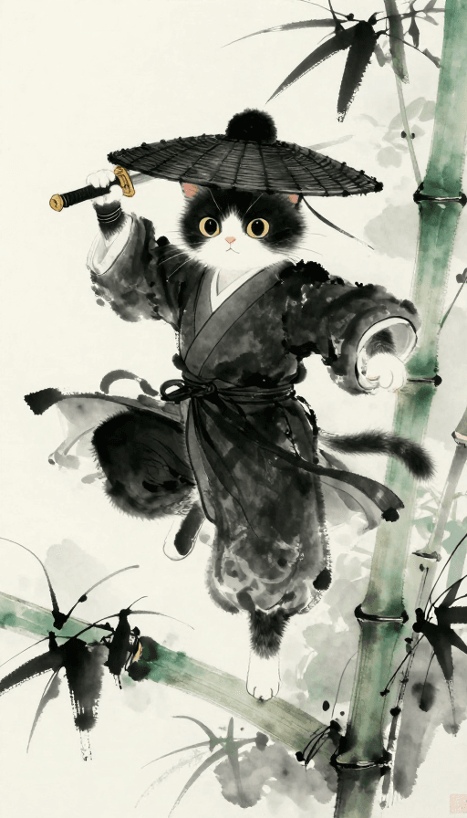 拟人猫素材：墨韵青竹：水墨侠猫轻功演绎