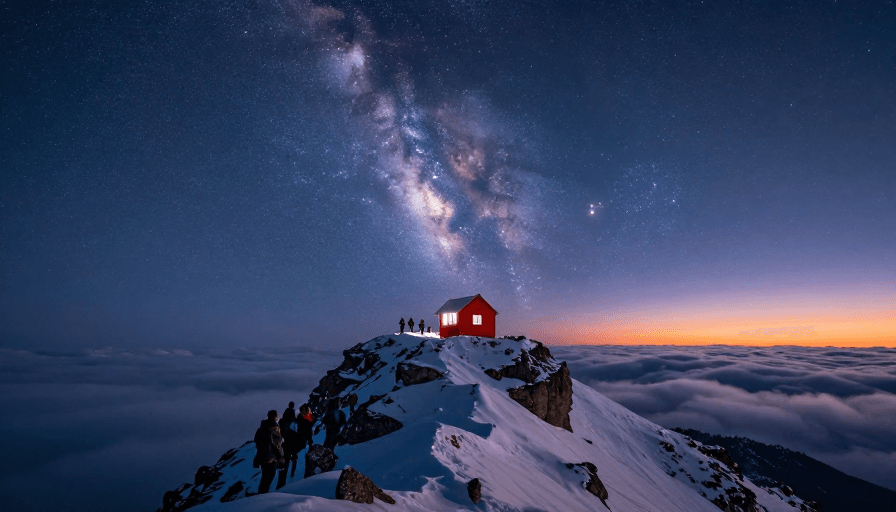 云海奇观素材：雪峰之巅：星夜红屋下的静谧凝视