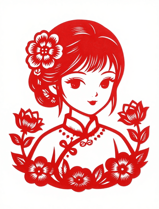 吉祥图案素材：中国剪纸女孩肖像：传统吉祥的高贵艺术