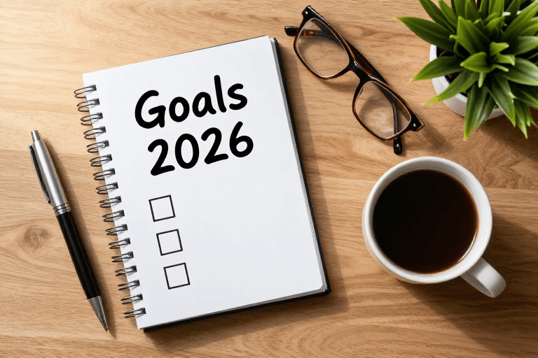 商务场景素材：2026目标：温暖木质桌面的专注与希望