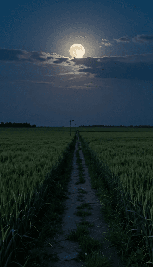 静谧氛围素材：云遮皎月下的静谧麦田夜景