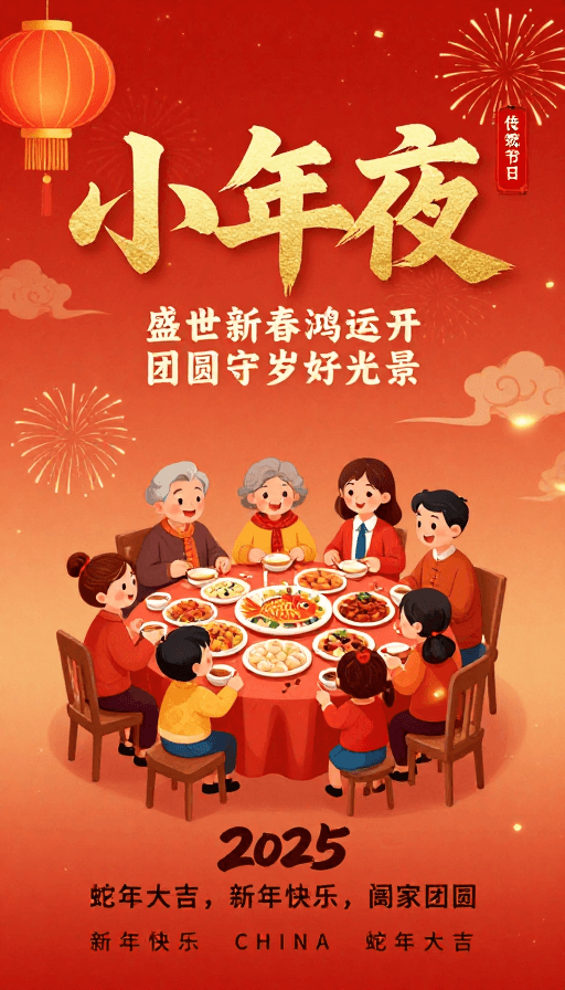 家庭聚餐素材：小年夜喜庆中国风插画海报