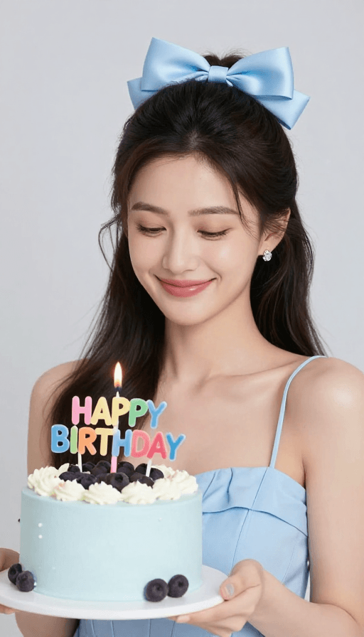 浪漫写真素材：清新甜美生日写真：微笑女子与浪漫蛋糕