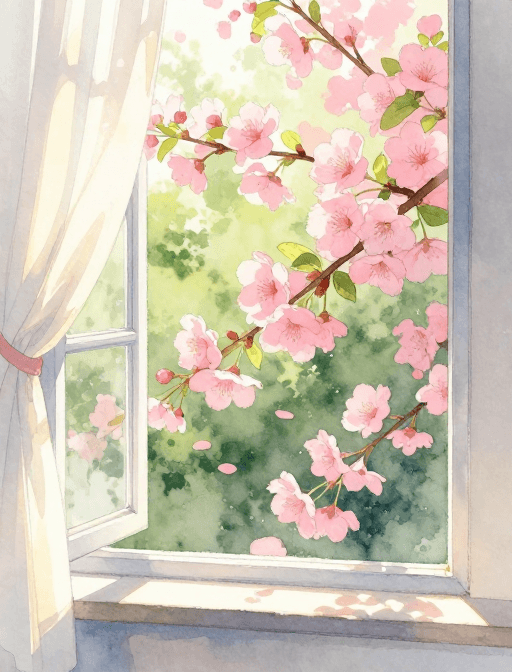 水彩画素材：春日水彩窗景：粉花与温柔光影
