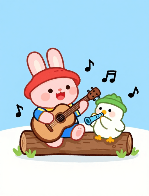 童话插画素材：小动物音乐派对：兔子与小鸡欢乐演奏童话插画