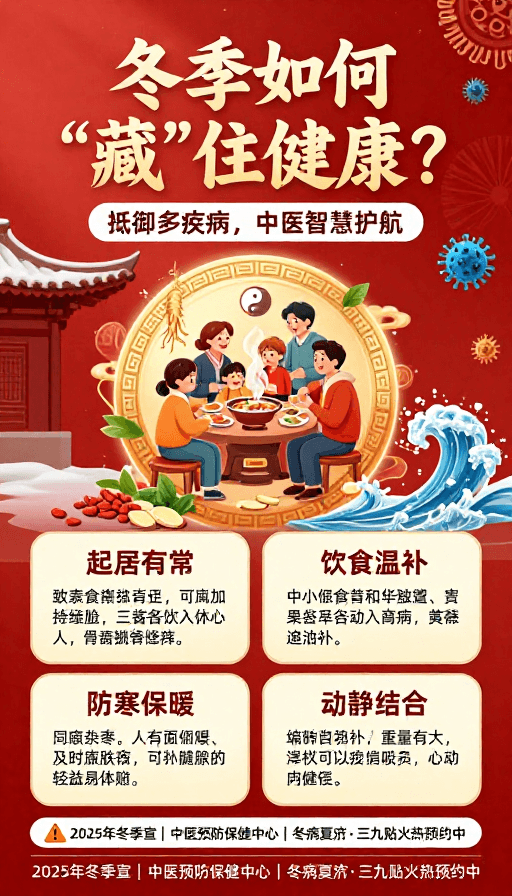 家庭温馨素材：国潮风冬季健康海报：中医智慧护航全家安康