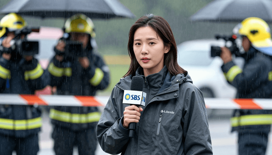 纪实摄影素材：雨中记者直击SBS事故现场报道