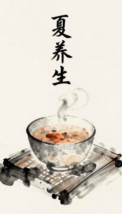 中医文化素材：水墨夏日养生图：传统艺术中的健康理念