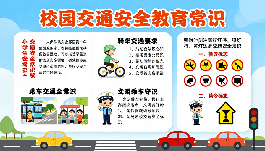卡通设计素材：清新蓝白校园交通安全教育海报