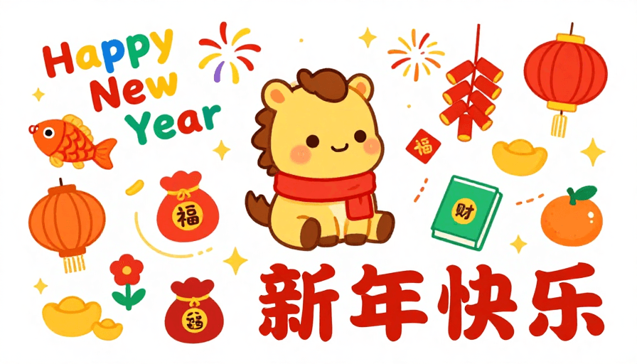 中国风元素素材：卡通小马新春贺卡：色彩鲜艳的春节祝福