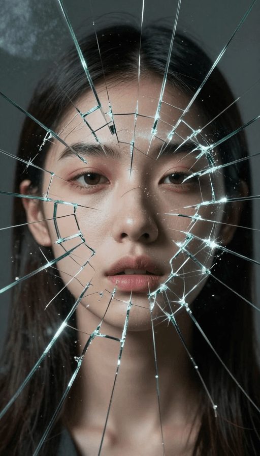 数字艺术素材：超现实破碎脸：玻璃裂痕与人脸的视觉艺术