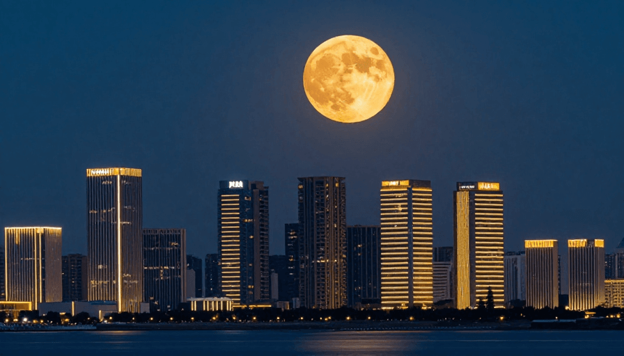 城市夜景素材：橙月映城：现代都市夜景摄影大片
