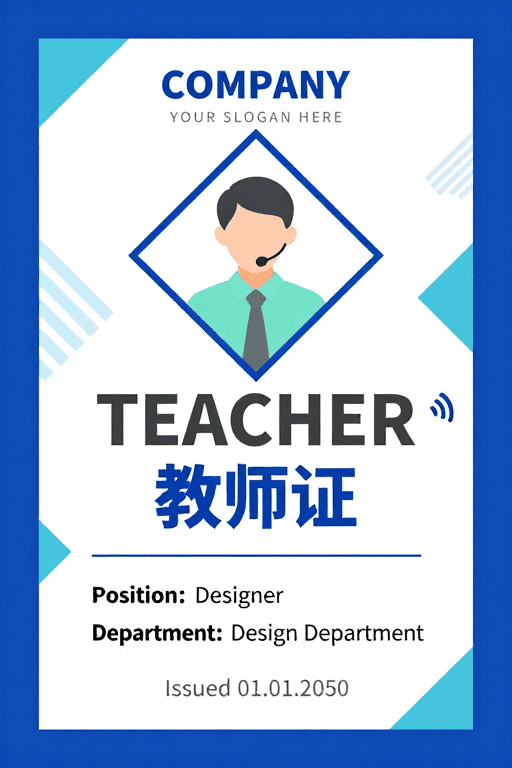 证件设计素材：现代商务蓝白教师证设计：科技感与专业结合