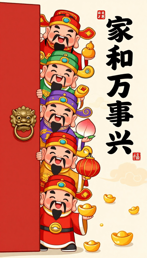 喜庆祝福素材：家和万事兴五路财神庆贺 国风水彩插画