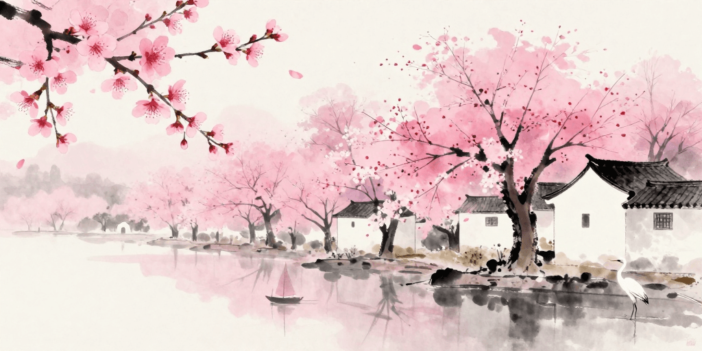 粉紫渐变素材：水墨春樱：淡雅粉紫樱花意境图