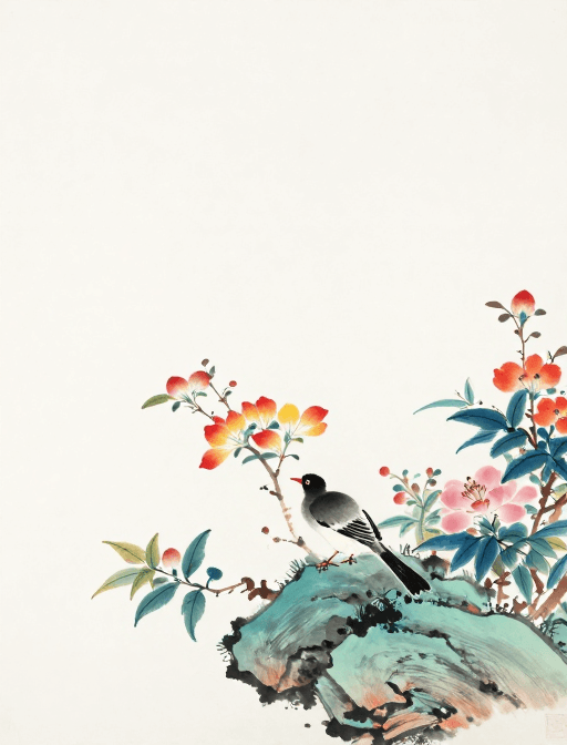 艺术留白素材：艳彩极简国风：留白之美与山水花鸟的8K超清画卷