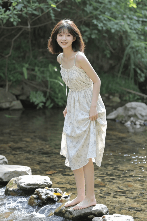清新穿搭素材：夏日溪流边的甜美少女：清新写实人像摄影