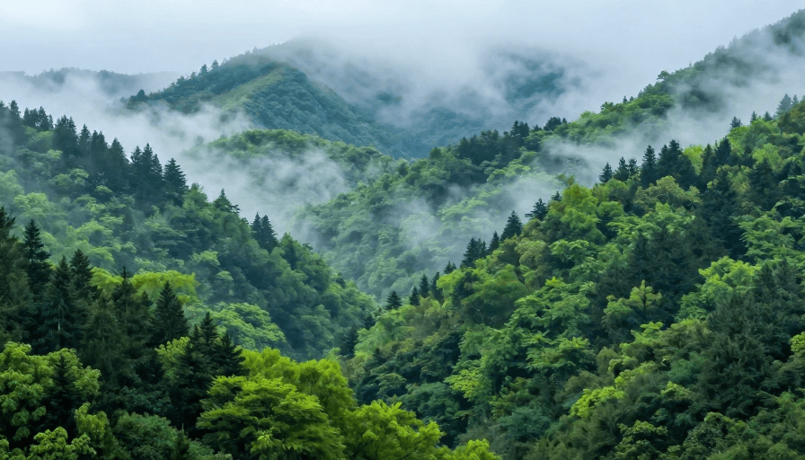 生态宣传素材：晨曦薄雾中的翠绿山林：自然与光影的诗意交织