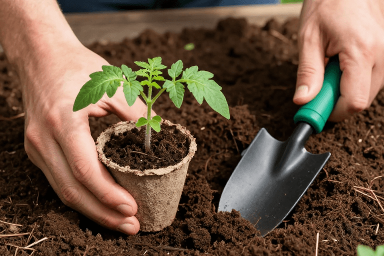 自然日光素材：双手精耕：番茄幼苗培育特写摄影