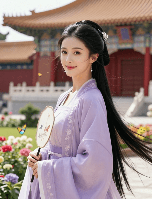 文化宣传图素材：紫衣宫妃的古典婉约：汉服风华与宫廷画卷