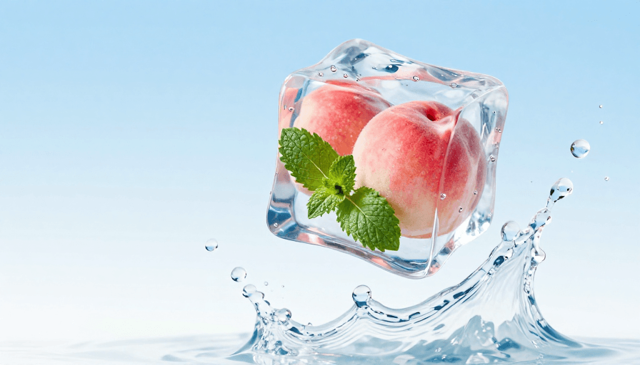 清新氛围素材：夏日清凉冰融静物：桃薄荷悬浮特写