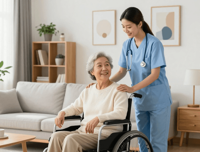 温馨居家素材：温暖陪伴：老年女性与护士的关怀瞬间