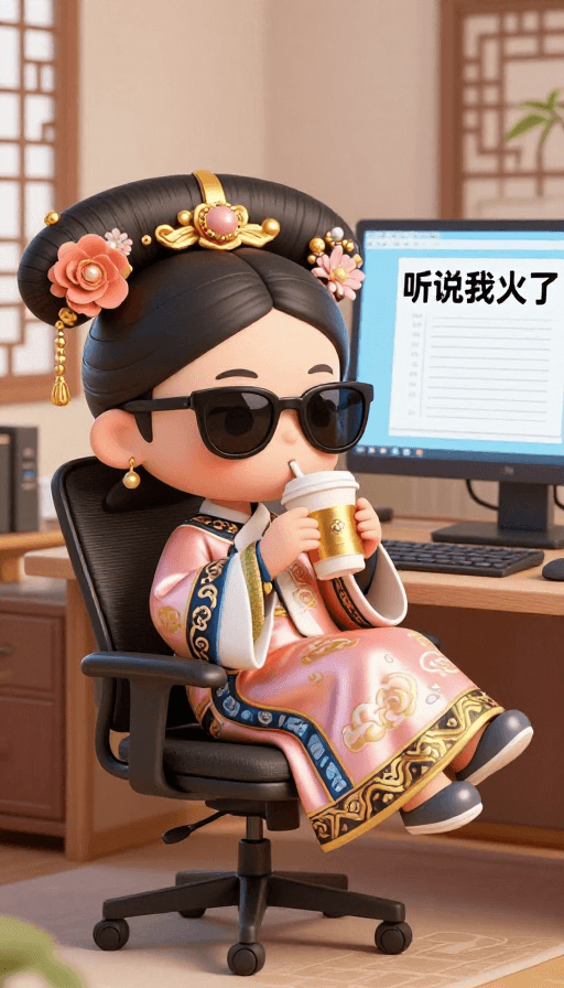Q版卡通素材：新中式Q版格格慵懒办公，古典与现代碰撞