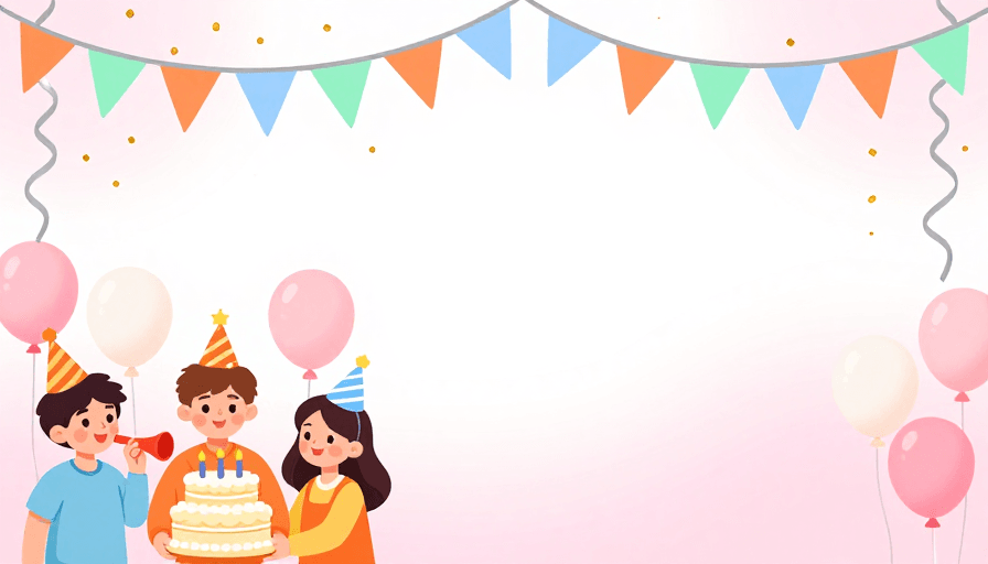 生日派对素材：温馨粉彩生日派对插画，卡通角色庆生场景