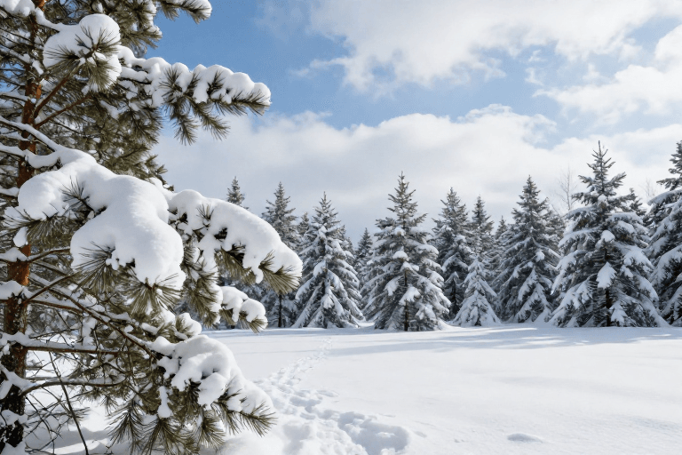 实景照片素材：雪覆松林：纯净冬季风光摄影