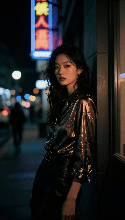 情绪氛围素材：霓虹光影下的神秘女郎暗夜人像