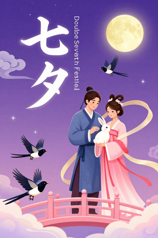 梦幻紫粉色调素材：七夕梦幻古风插画海报：紫粉星空下的甜蜜邂逅