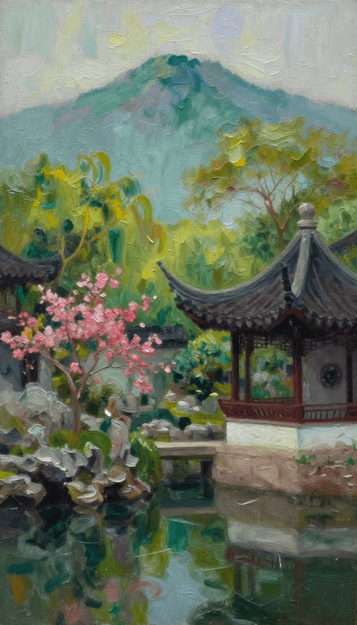 厚涂技法素材：苏州园林油画：繁花暗调的梦幻厚涂意境