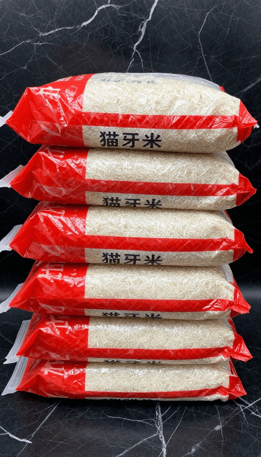 广告用图素材：黑底红袋堆叠猫牙米实拍高清细节