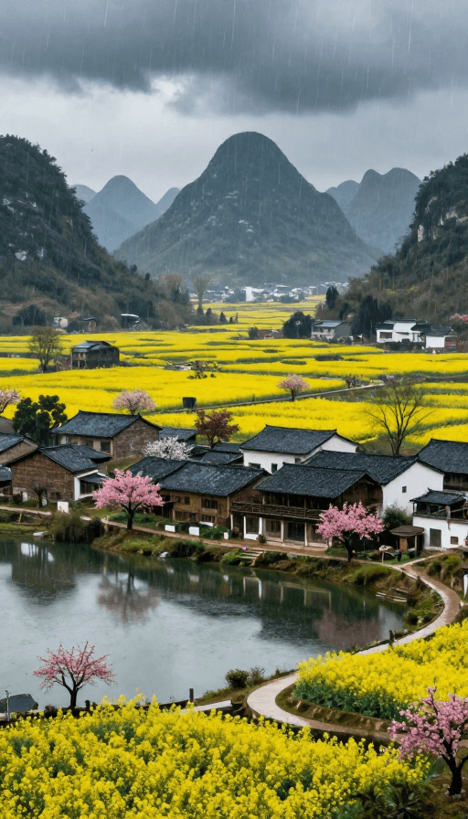 喀斯特地貌素材：喀斯特山村的雨中田园写实摄影