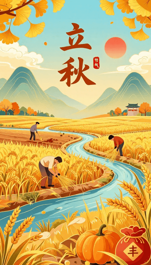 矢量艺术素材：新中式立秋插画：金黄稻浪与丰收喜悦