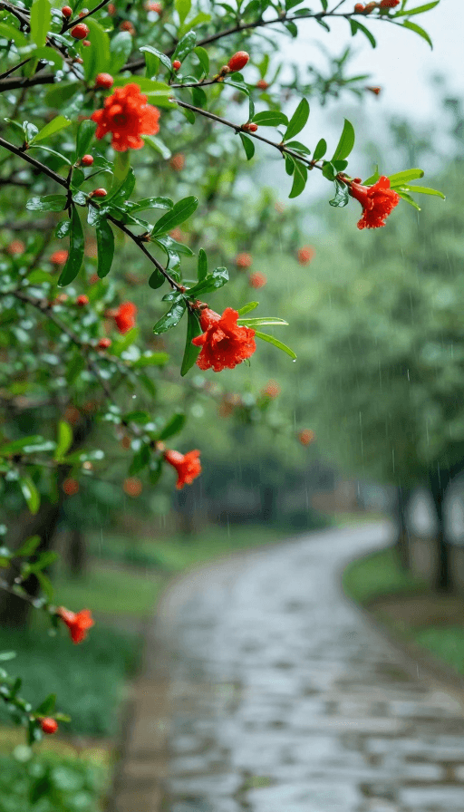 春景素材：春雨润石榴花 生机盎然石径曲