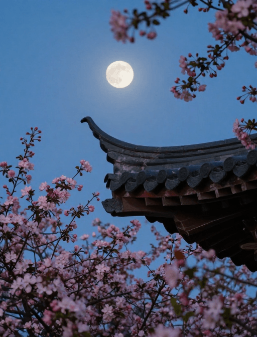 自然美学素材：月下海棠：春夜屋檐光影诗意