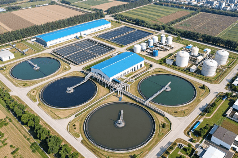广角构图素材：现代污水处理厂全景：高效环保设施展示