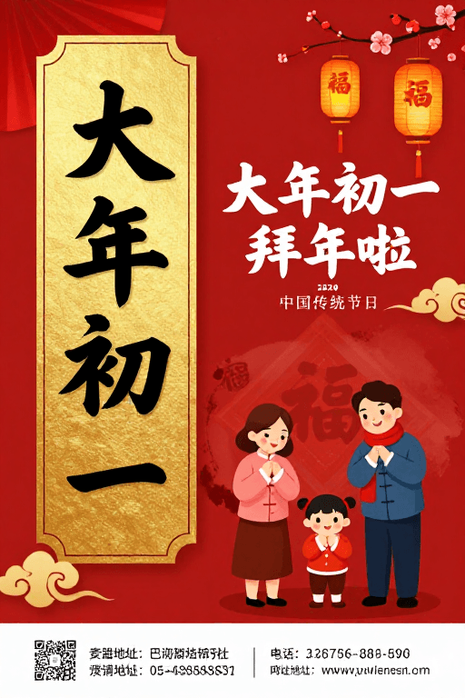 新年祝福素材：红金喜庆中国风春节海报：大年初一新年祝福