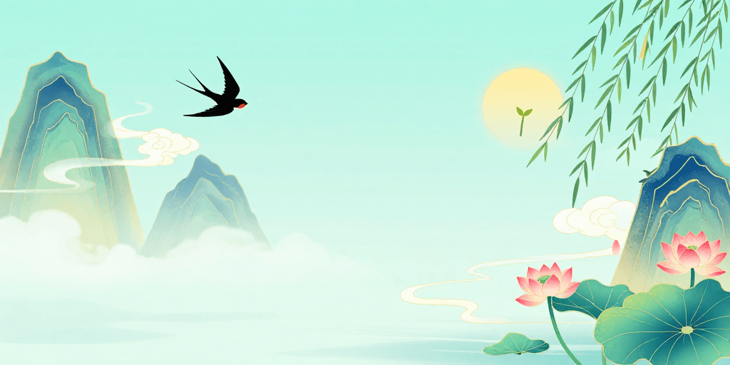 新中式插画素材：新中式燕归春景：留白雅韵国风插画