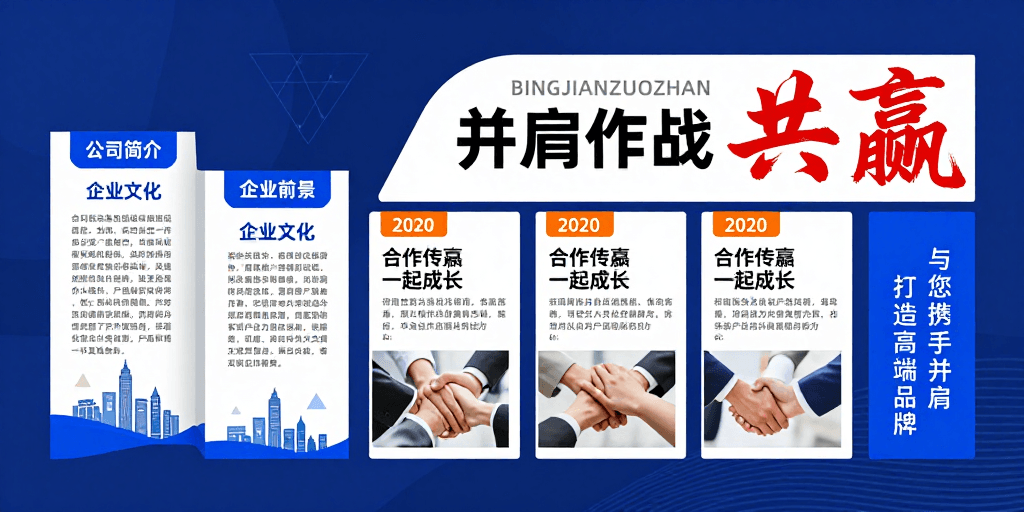 视觉营销素材：深蓝商务海报：合作共赢与品牌战略视觉展示
