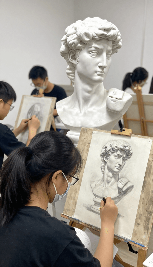 美术学习素材：画室学生写生素描大卫像：专注的艺术课堂瞬间