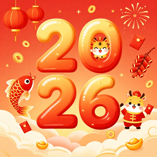 Q版角色素材：2026喜庆卡通插画：金红配色新年贺岁海报