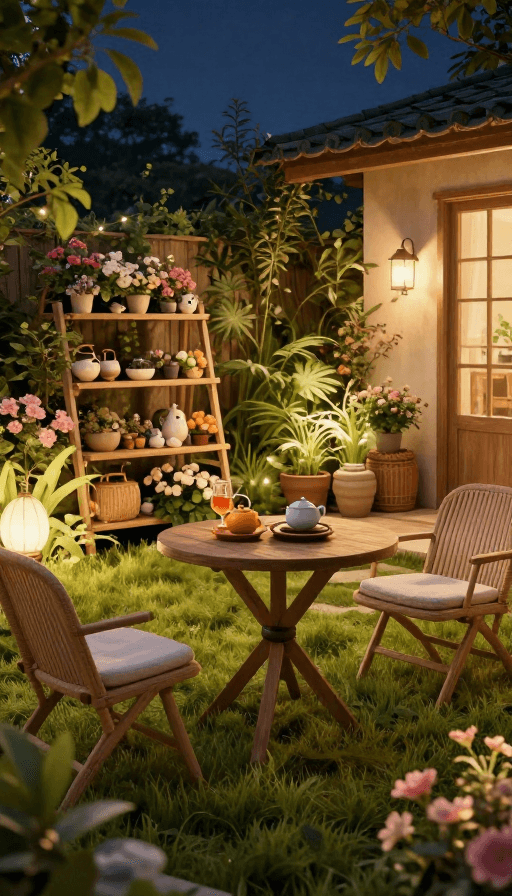 细节特写素材：暖光露台夜景：草木花架与茶点细节