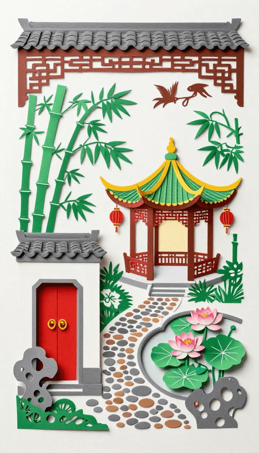 拼贴设计素材：国风剪纸园林艺术：雅致拼贴之美