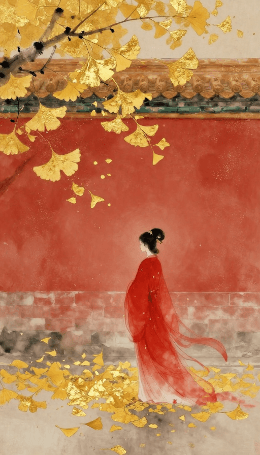 艺术背景素材：金箔晕染古韵红裙仕女：故宫红墙与满地金黄