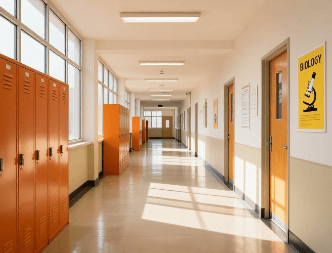 学校走廊素材：暖光校园走廊：光影与知识的交汇