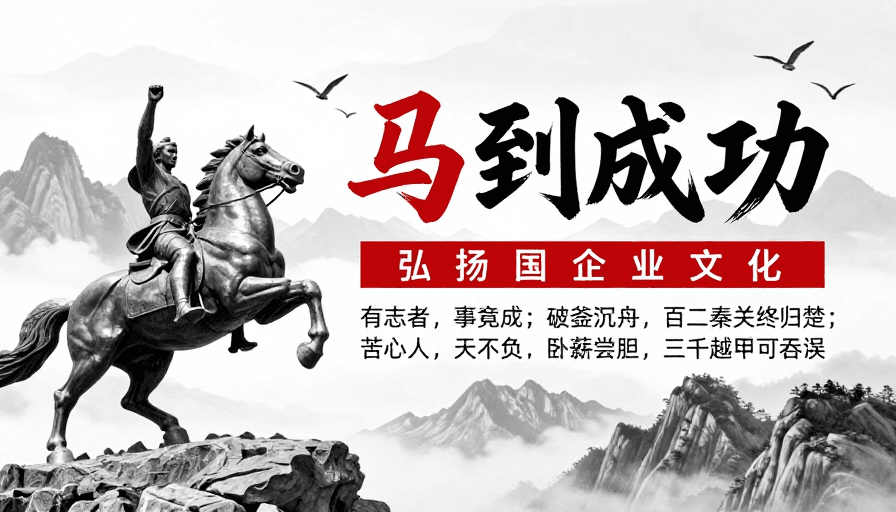 企业海报素材：黑白红铜雕书法海报：企业文化奋斗精神