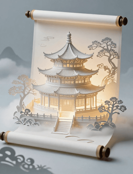 剪纸艺术素材：中国古风卷轴：梦幻建筑与剪纸艺术的唯美意境