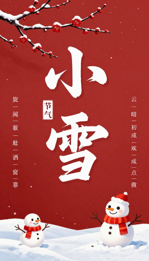 小雪节气素材：红底水墨‘小雪’海报：传统节气与现代艺术融合